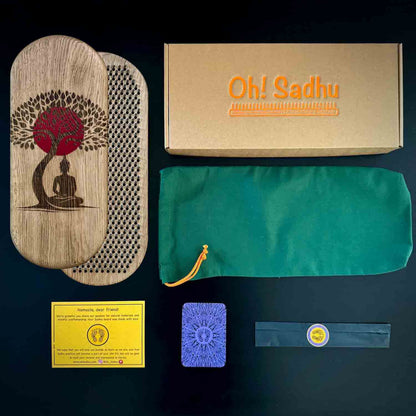 Sadhu board 8 mm from oak for beginners with branded gift box "Oh! Sadhu", green fabric case, instruction, incense sticks, metaphorical card on black background.