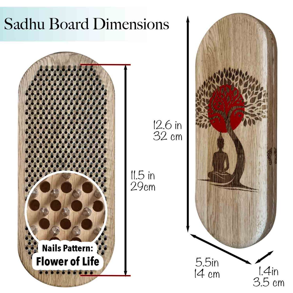 A dimension diagram of an oak wood Sadhu board showing front and back views with measurements in centimeters and inches, plus a circular inset highlighting the nail pattern.