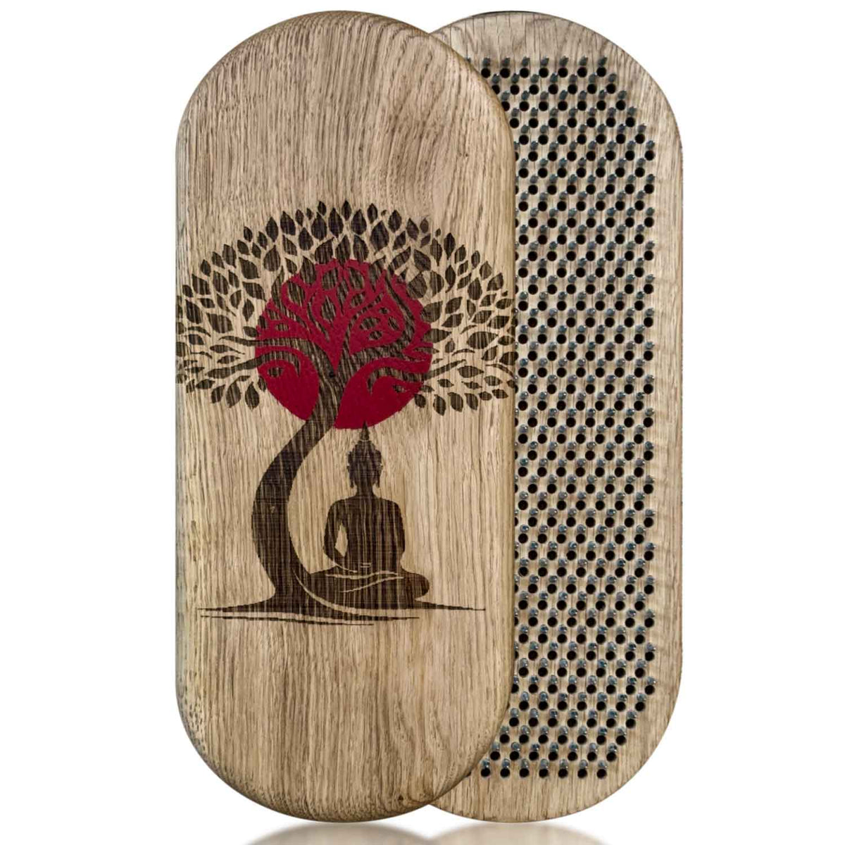Front view of two sadhu boards. One shows nails side with step 8 mm for beginners, made from oak. Other board shows outer side with Buddha with bodhi tree engraving and red sun on white background.
