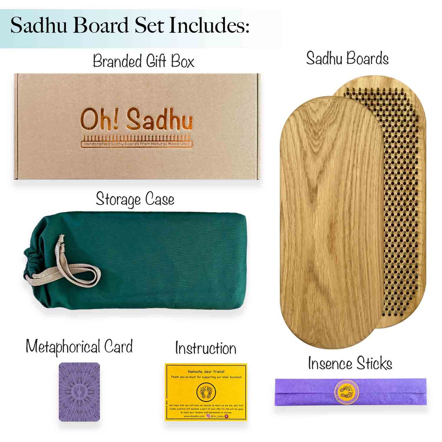 Sadhu Board Set with branded gift box, storage case, wooden boards, incense sticks, and other items on a white background.