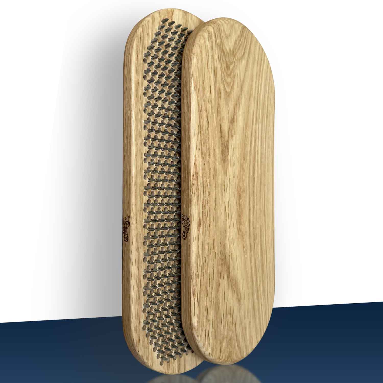 Oak Sadhu board with nails step 8mm on a white and blue gradient background