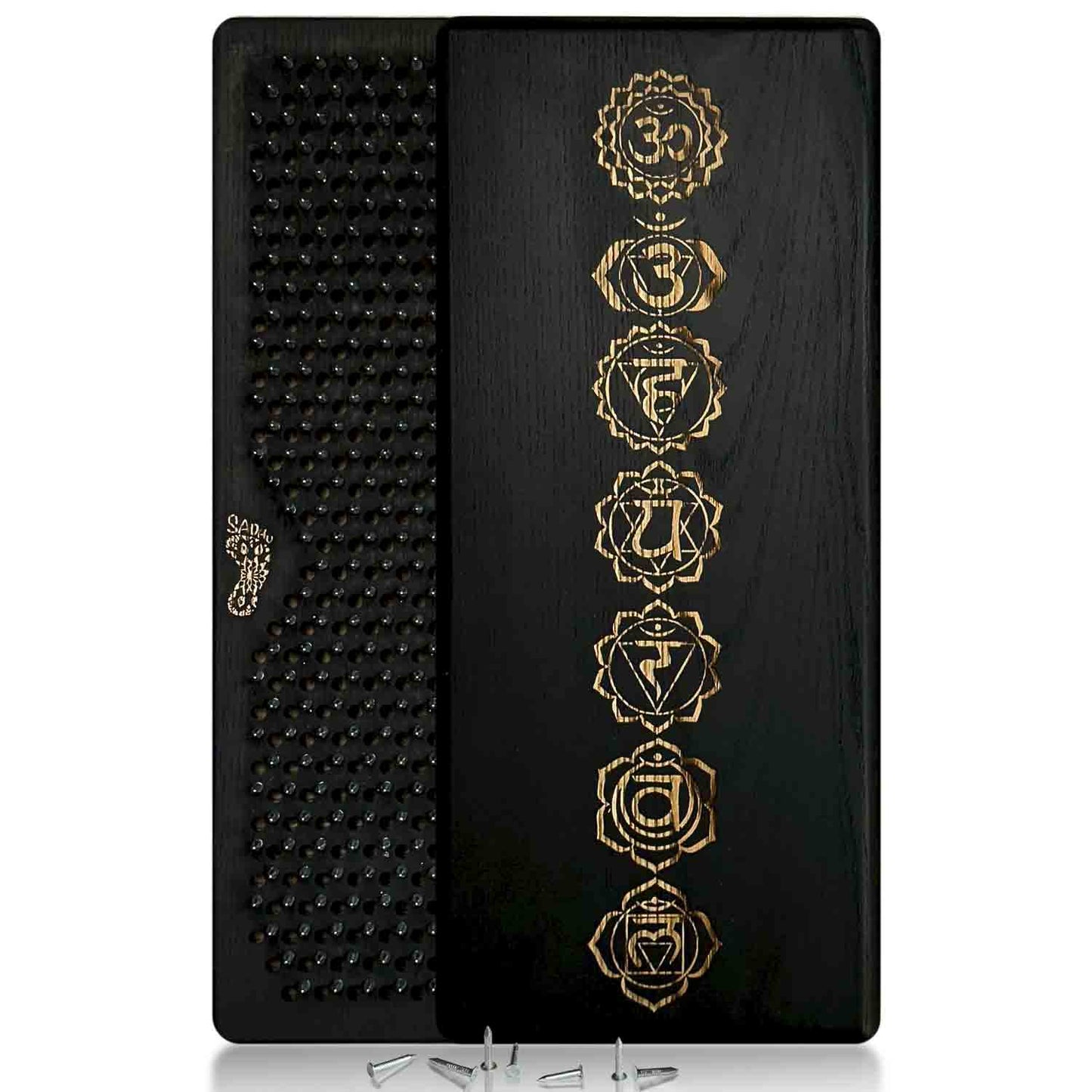 Sadhu board with nails for feet in black color and chakras engraving