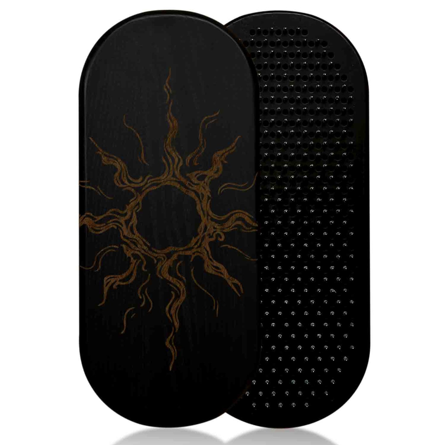 Black sadhu nail board with sun design on a white background