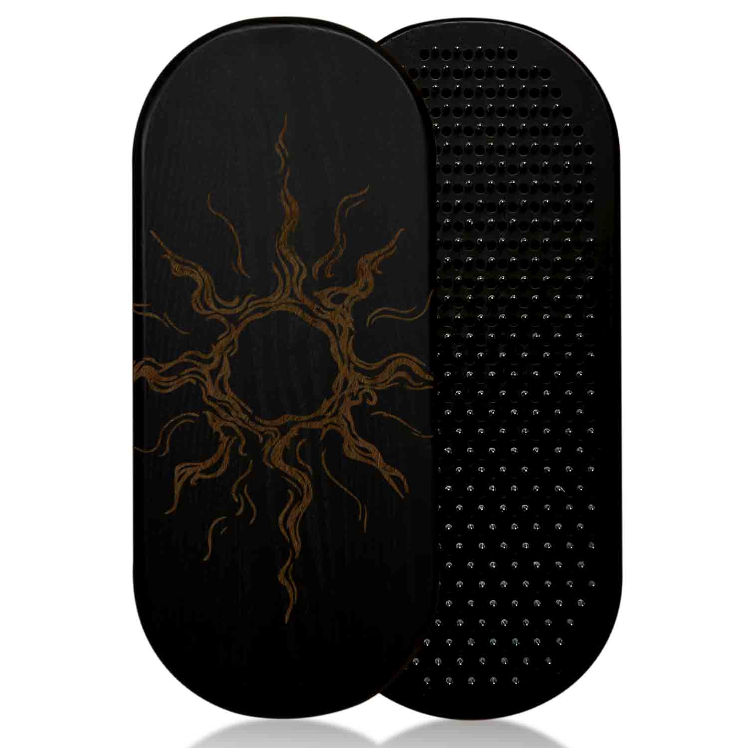 Black sadhu nail board with sun design on a white background