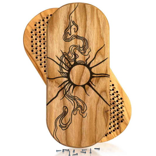 Ash wood sadhu board in oval shape with sun egraving on white background
