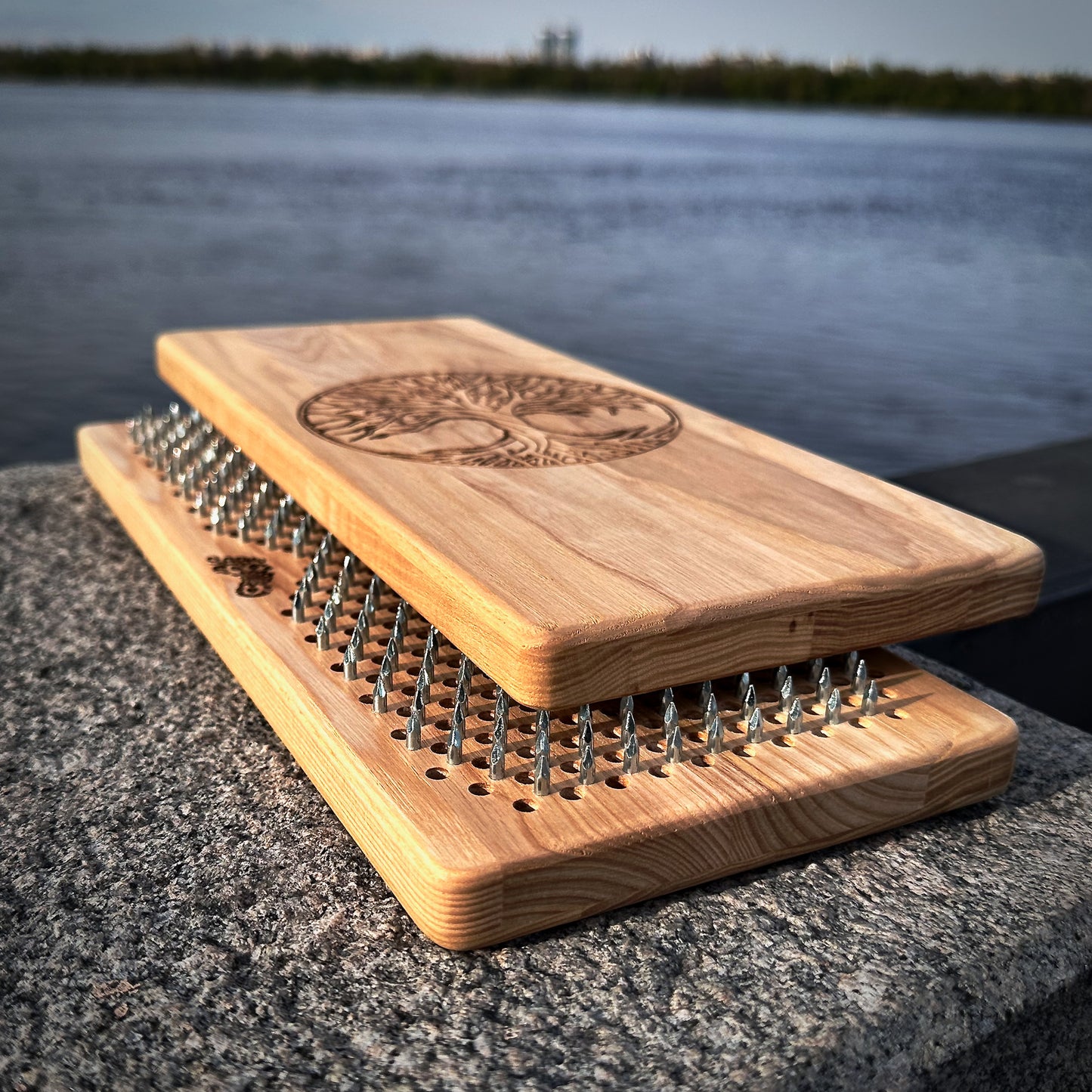 sadhu board with nails half opened on stone near river