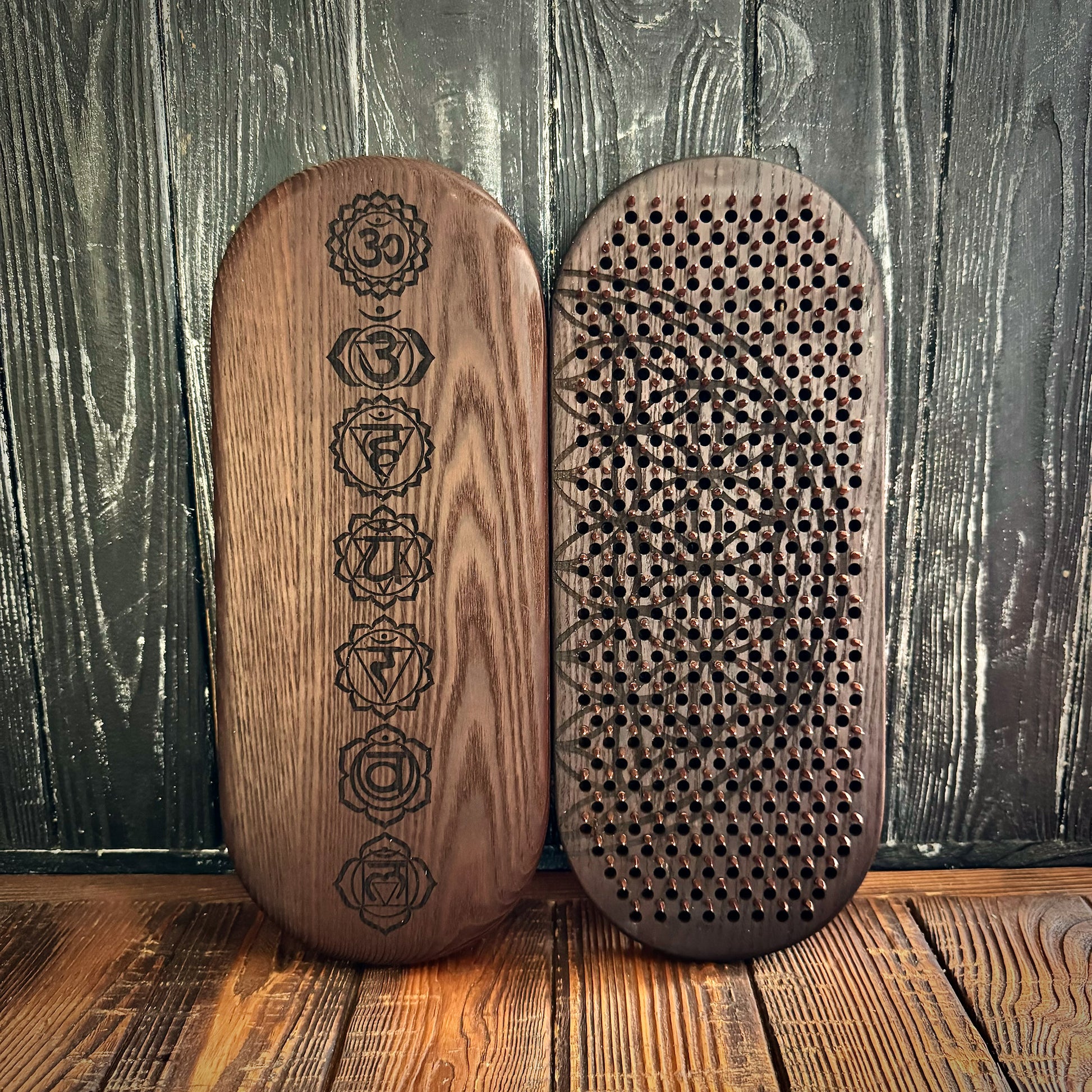 thermal ash sadhu board with copper nails with chakras engraving and flower of life