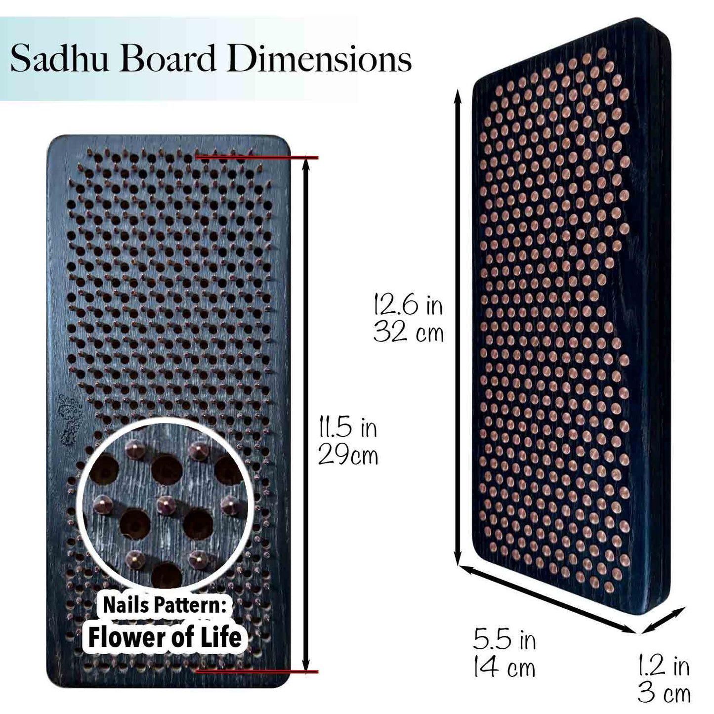 Dimensions of a Sadhu Board with nail pattern details