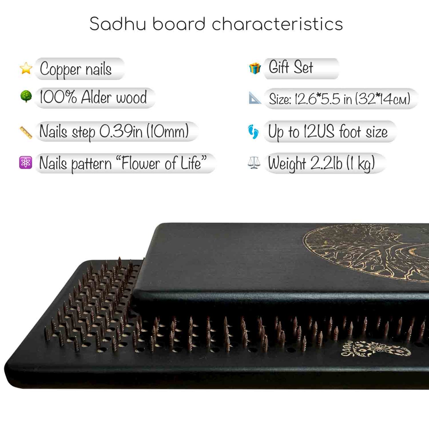 Black Sadhu board with copper nails and product details on a white background