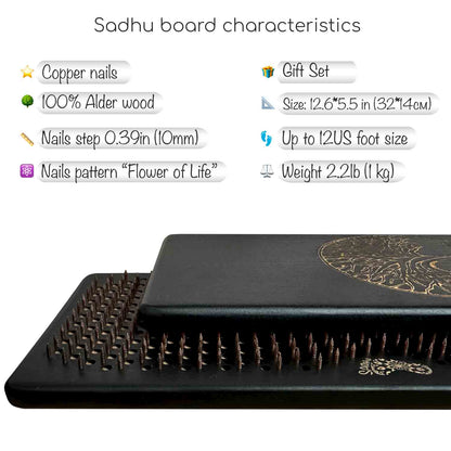 Black Sadhu board with copper nails and product details on a white background