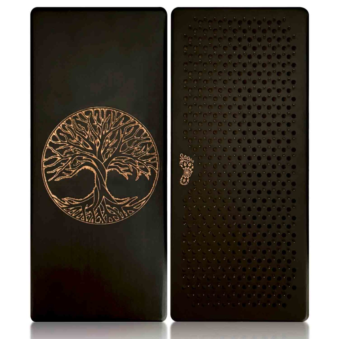 Black sadhu board with copper nails with tree of life design on one side and nails on the other, on a white background.