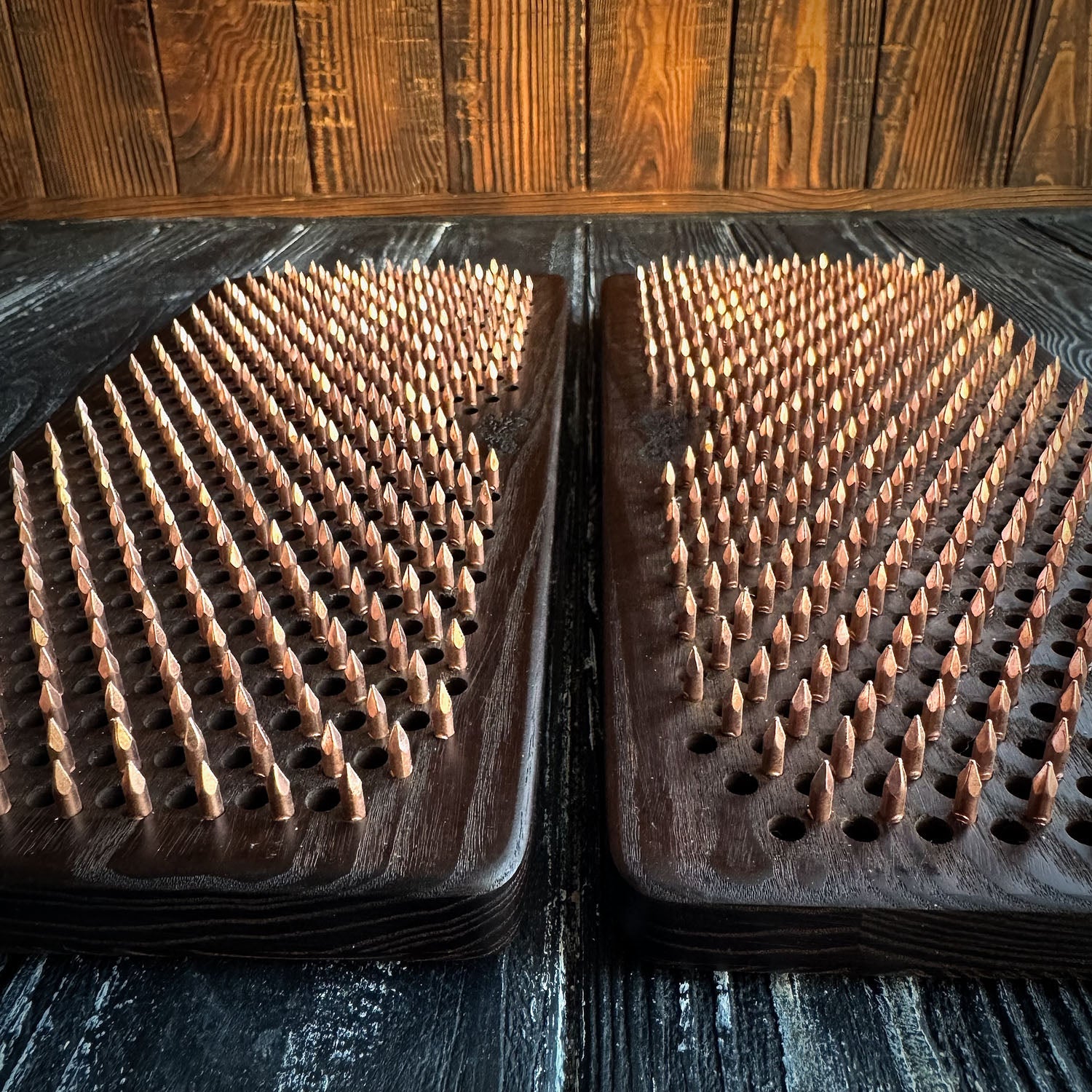 copper nails in thermo ash sadhu board for yoga practice meditation standing on nails