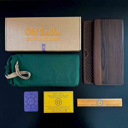 Set of sadhu board with copper nails includes gift box, storage case, incense aroma, metaphorical card, instruction. Gift for yoga. 