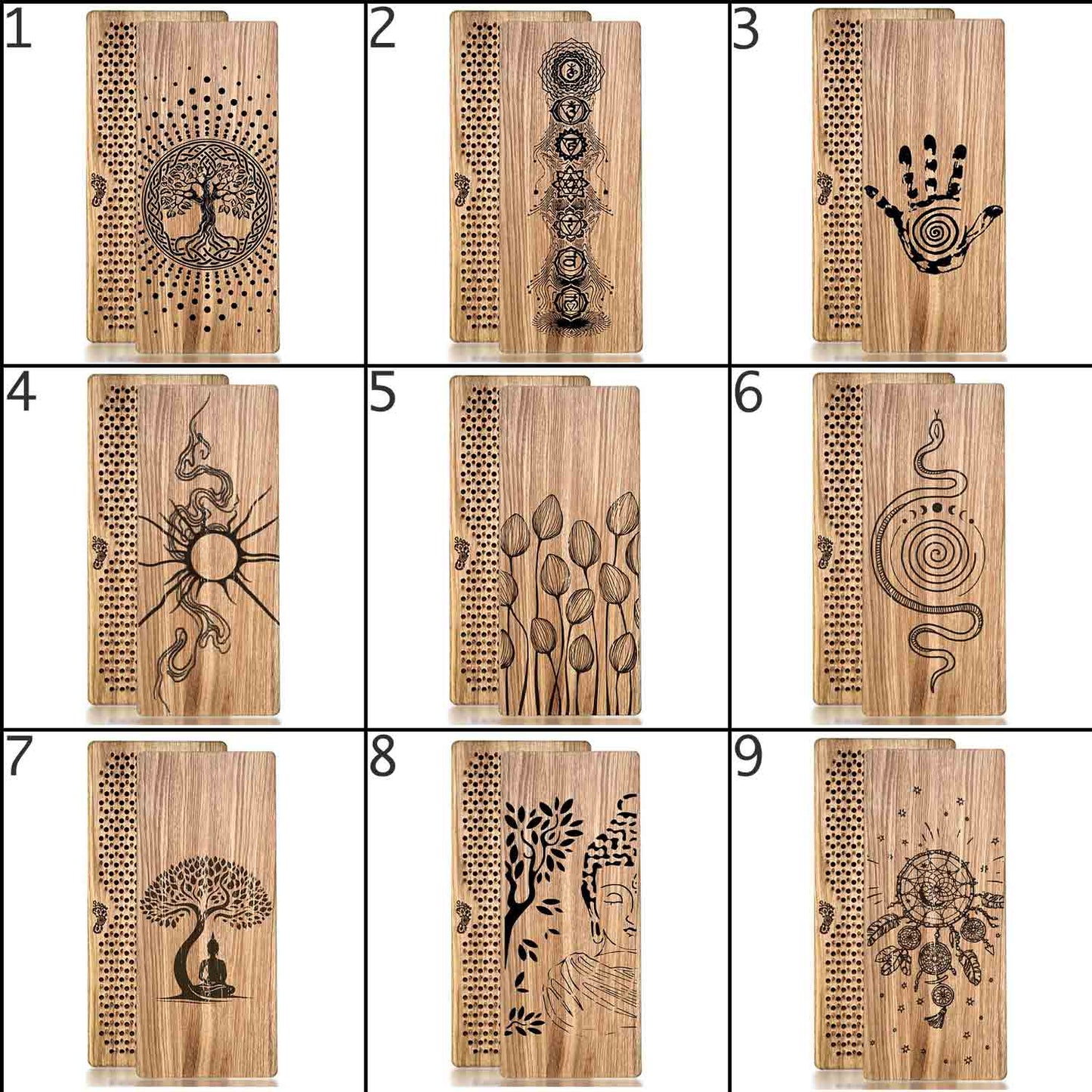 Oak wood Sadhu boards with various engraved designs like Tree of Life, Chakras, Buddha etc on a white background