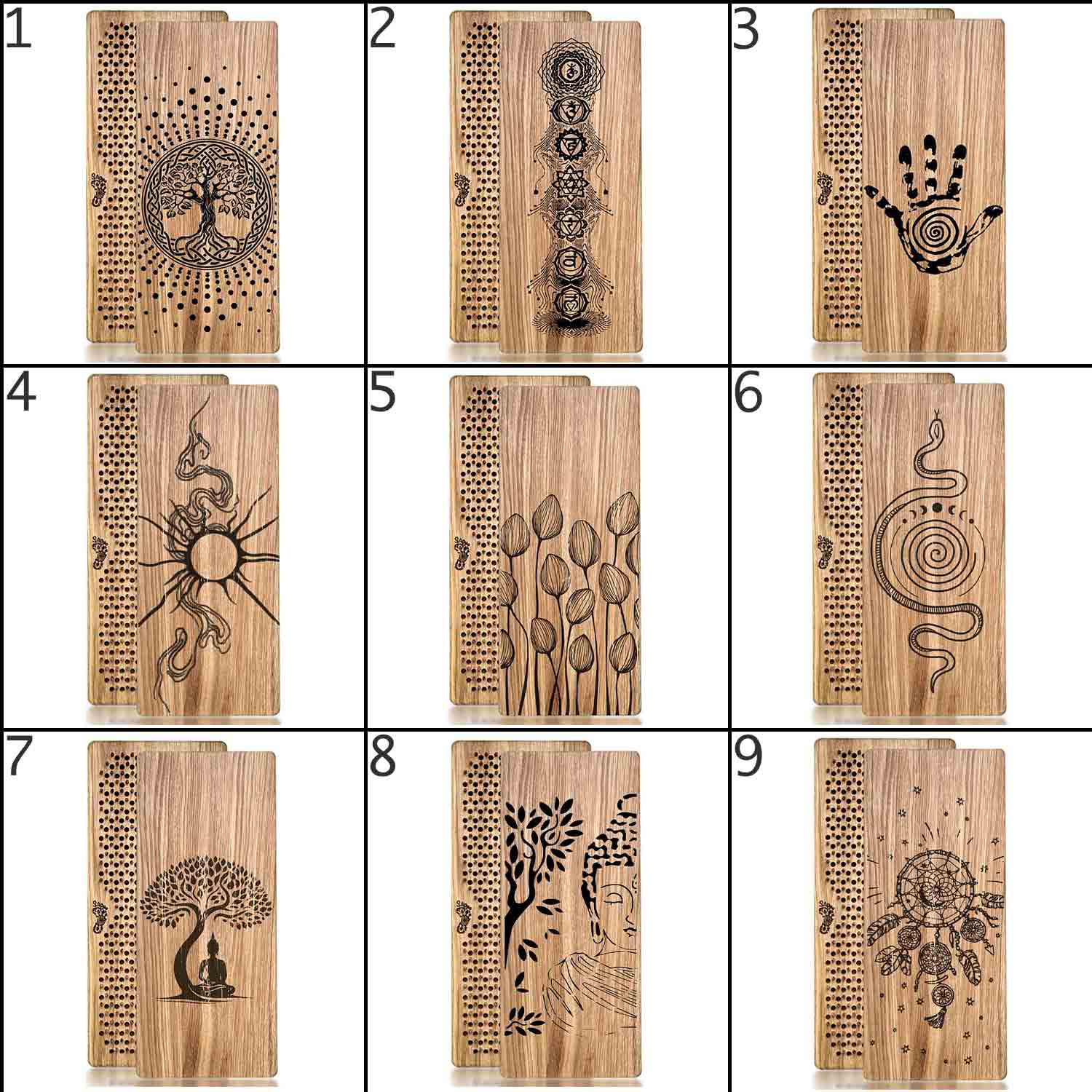Oak wood Sadhu boards with various engraved designs like Tree of Life, Chakras, Buddha etc on a white background