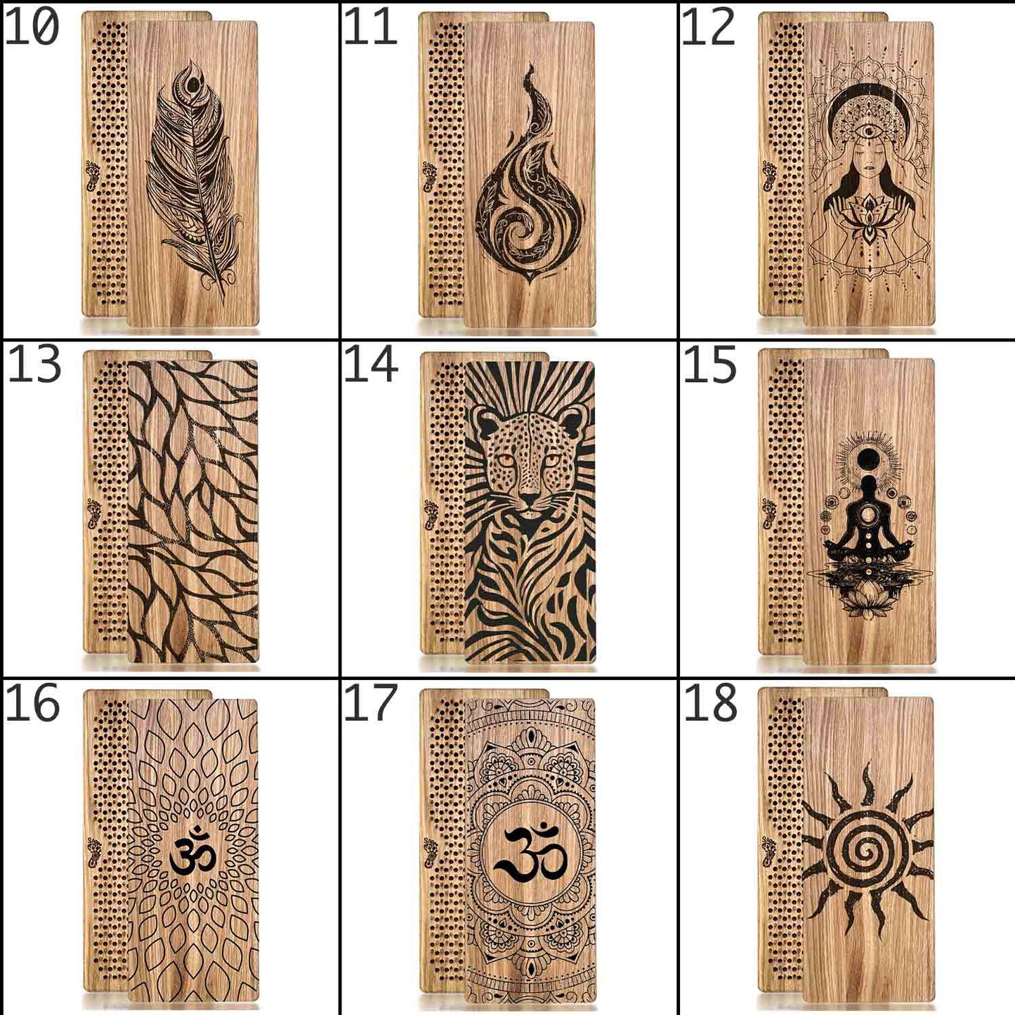 Oak wood Sadhu boards with various engraved designs on a white background