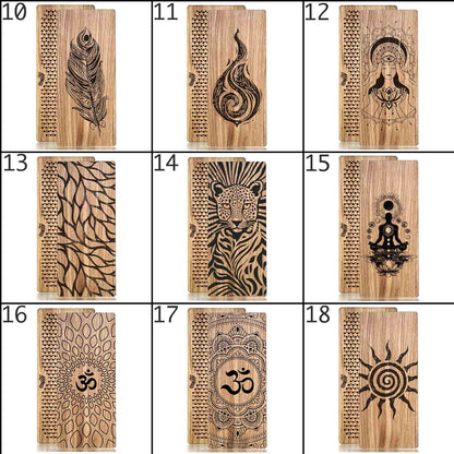 Oak wood Sadhu boards with various engraved designs on a white background