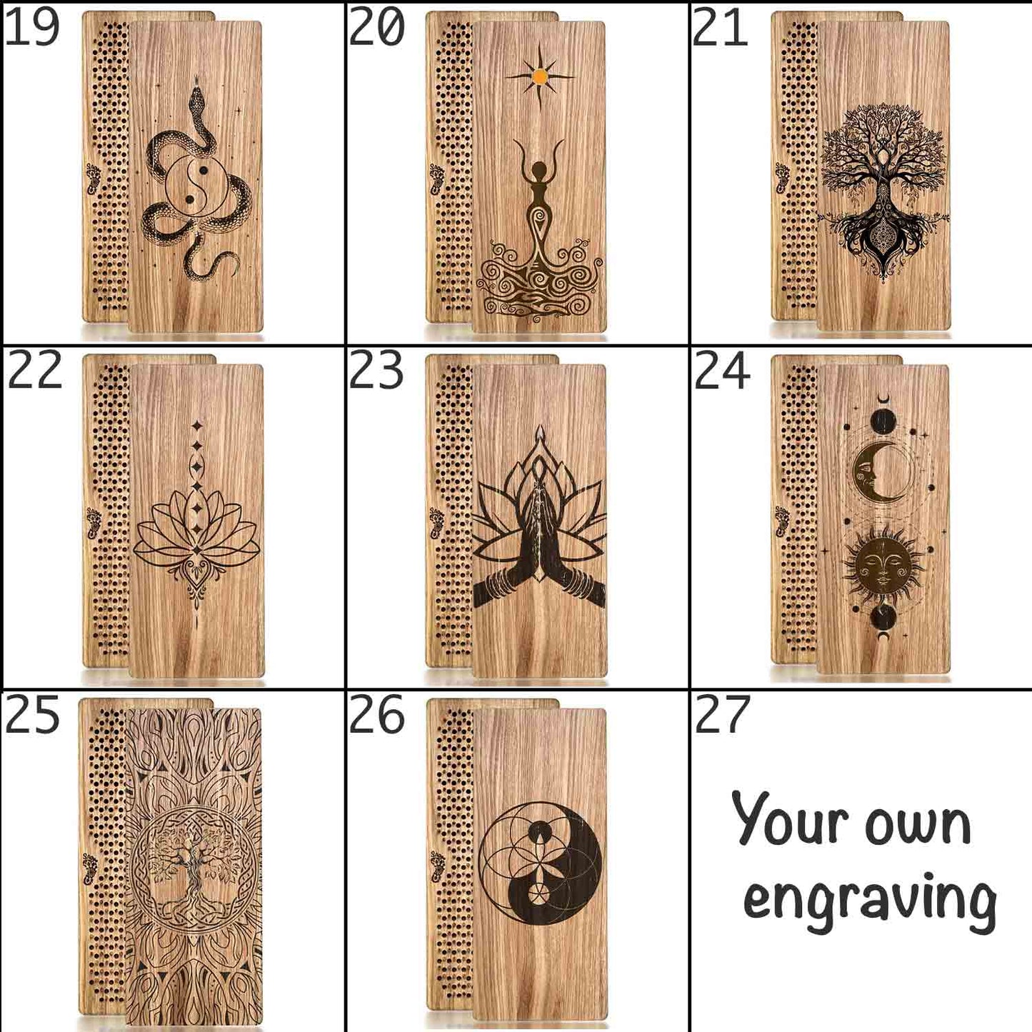 Wooden sadhu boards in natural color with galvanized nails with various engraved symbols and designs, labeled from 19 to 27.
