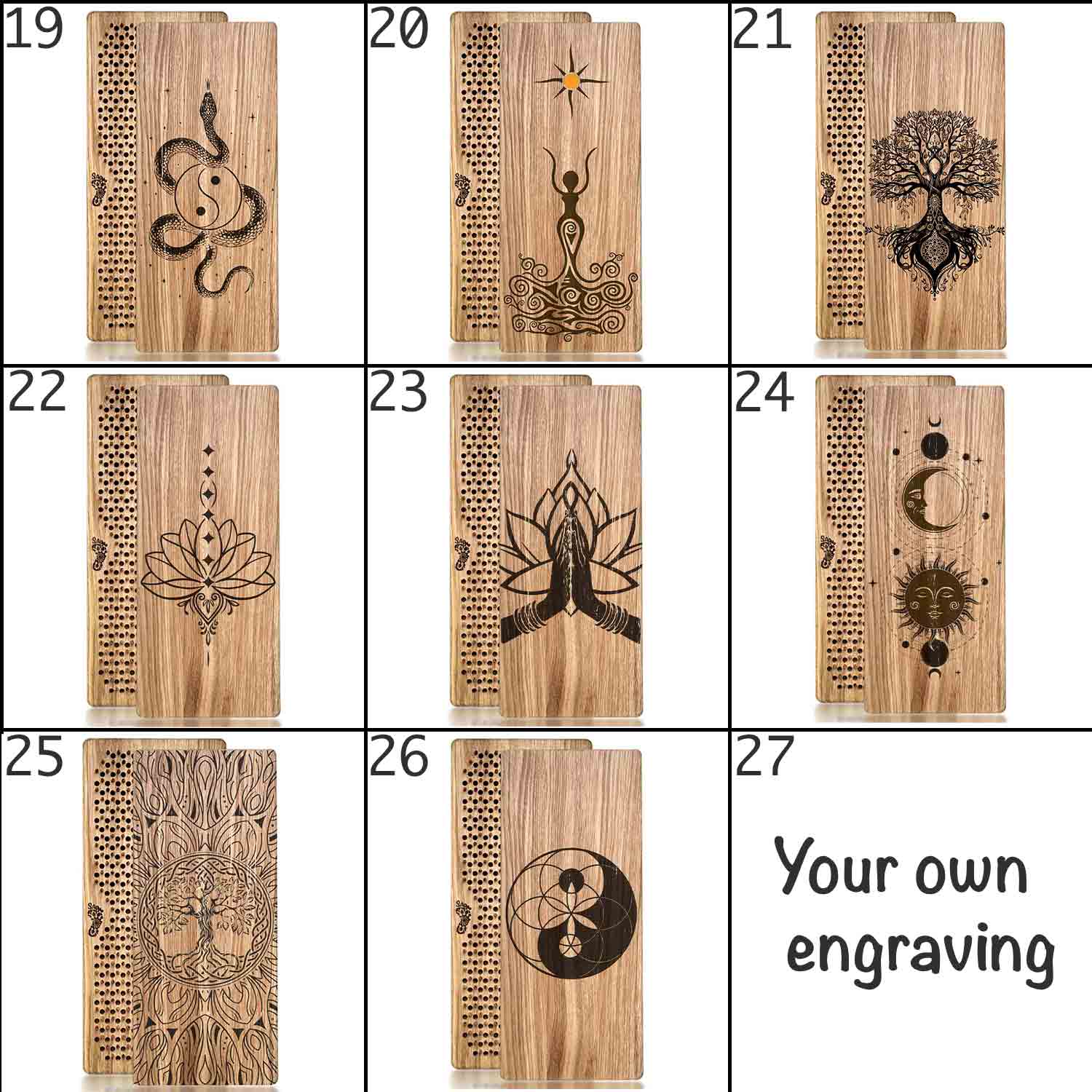 Wooden sadhu boards in natural color with galvanized nails with various engraved symbols and designs, labeled from 19 to 27.