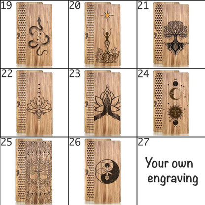 Wooden sadhu boards in natural color with galvanized nails with various engraved symbols and designs, labeled from 19 to 27.