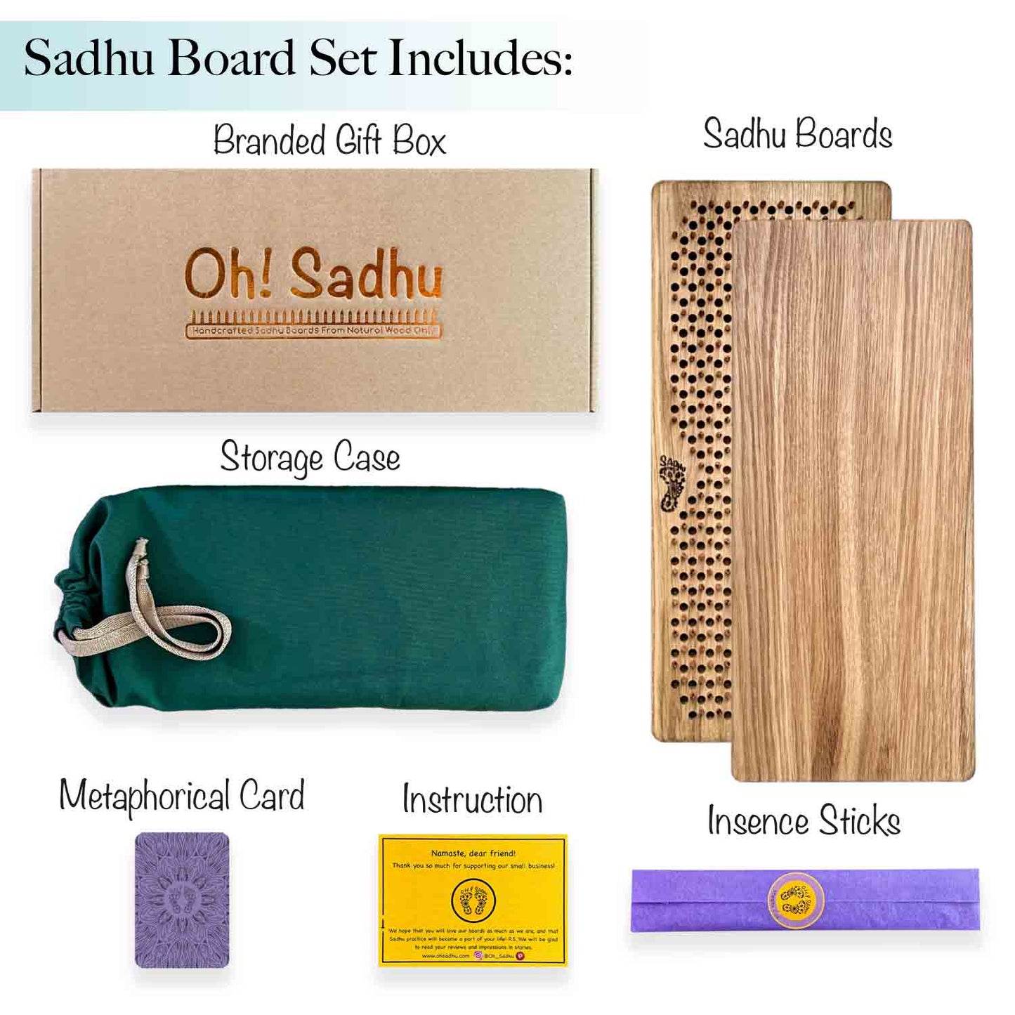 A product collage showing the contents of the Oh! Sadhu Board Set: branded gift box, wooden sadhu boards, a teal storage case, a purple metaphysical card, an instruction card, and purple insence sticks on a white background.