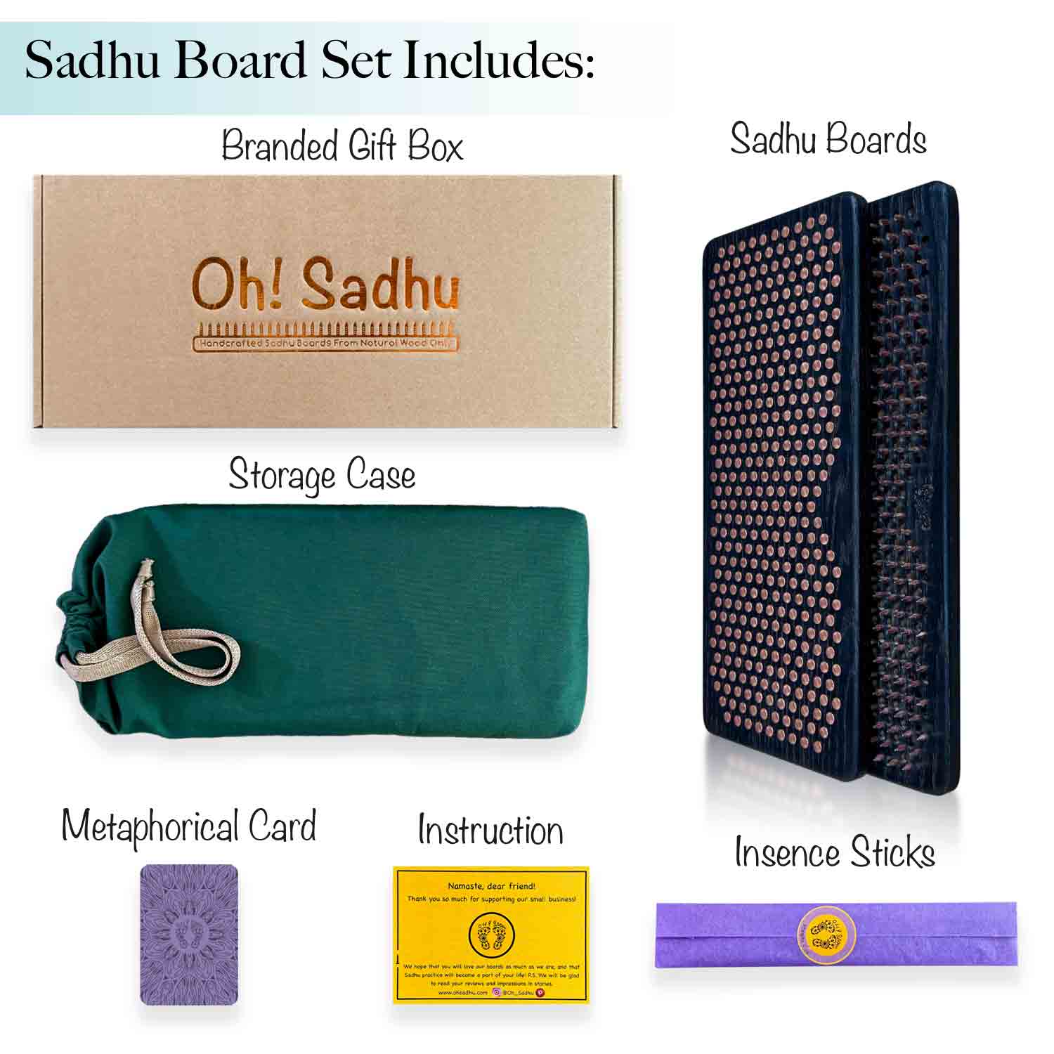 Sadhu Board Set with branded gift box, Sadhu Boards, storage case, metaphorical card, instruction, and incense sticks on a white background.