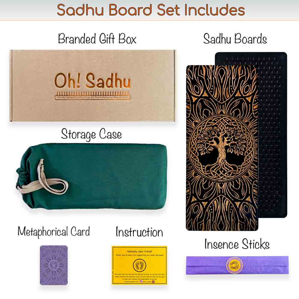 Collection of items included in a Sadhu Board Set with branded gift box, Sadhu Boards, storage case, metaphorical card, instruction, and incense sticks.
