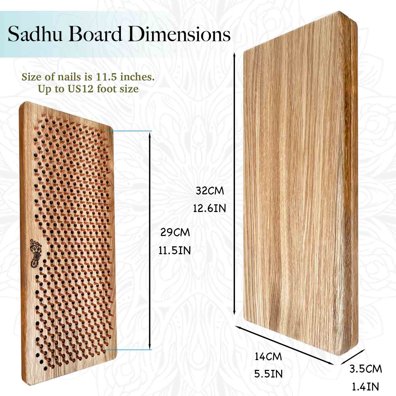 A product dimension diagram showing a wooden Sadhu board from two angles with labeled measurements: 32 cm tall by 14 cm wide by 3.5 cm deep, plus a close-up of the front with copper nails spacing noted as 29 cm.