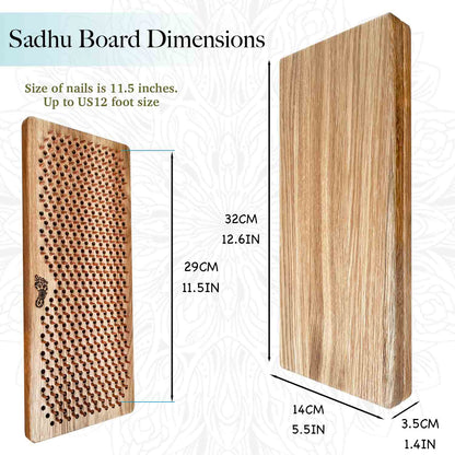 A product dimension diagram showing a wooden Sadhu board from two angles with labeled measurements: 32 cm tall by 14 cm wide by 3.5 cm deep, plus a close-up of the front with copper nails spacing noted as 29 cm.