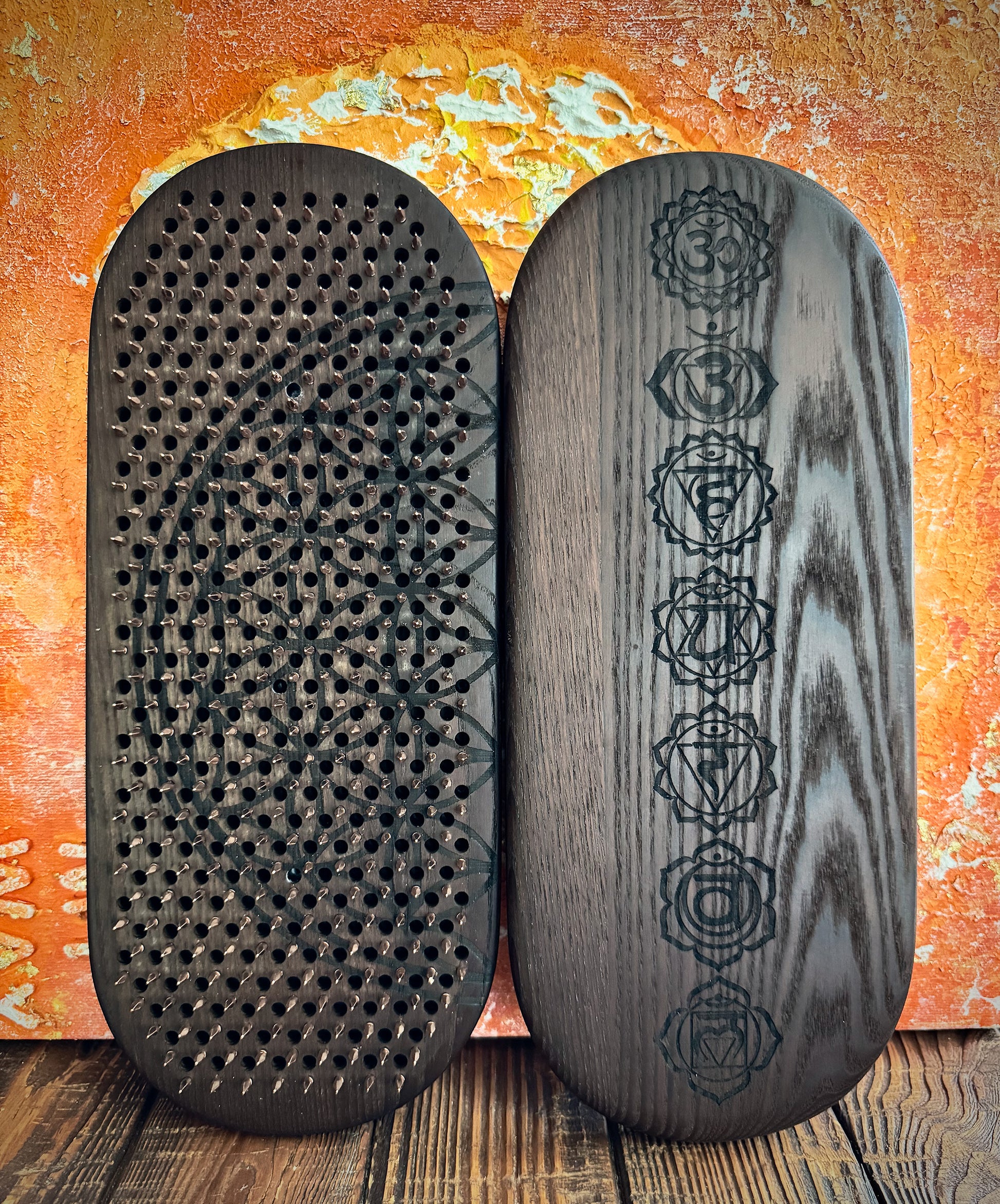 sadhu board with copper nails from thermal ash with chakras engraving outside and flower of life inside