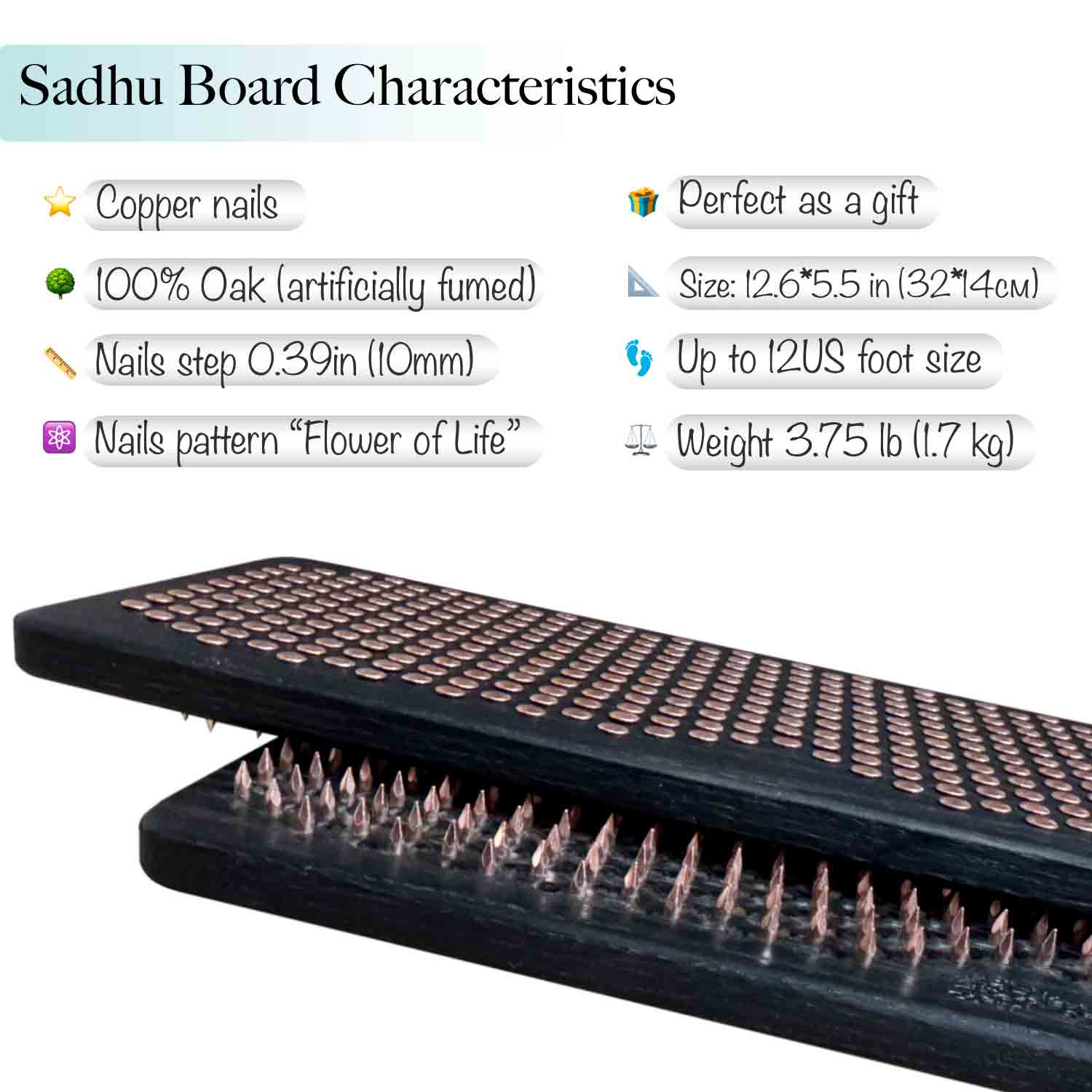 Sadhu Board with characteristics listed on a white background