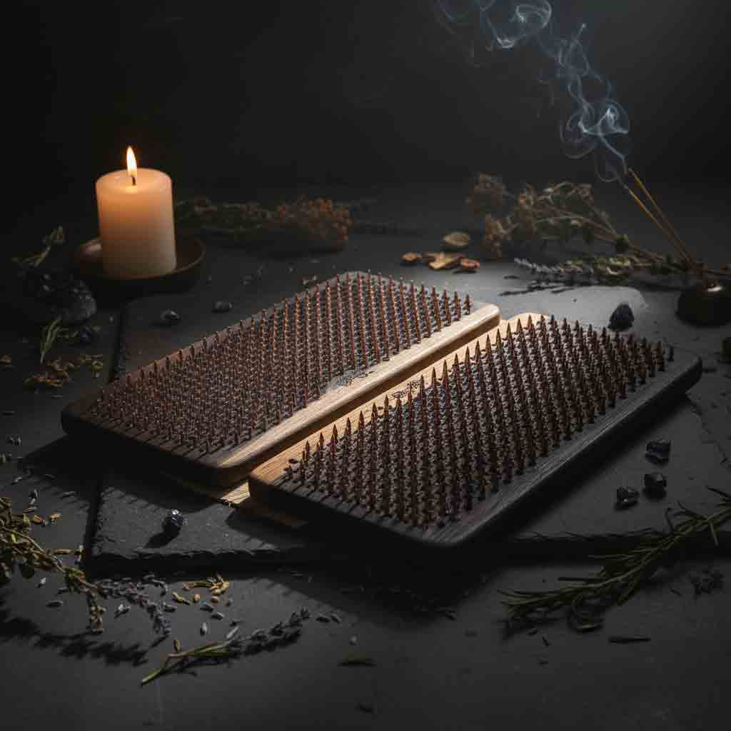 Two wooden sadhu nail boards styled on a dark surface with a lit candle, dried botanicals, and a smoking incense stick in yoga studio