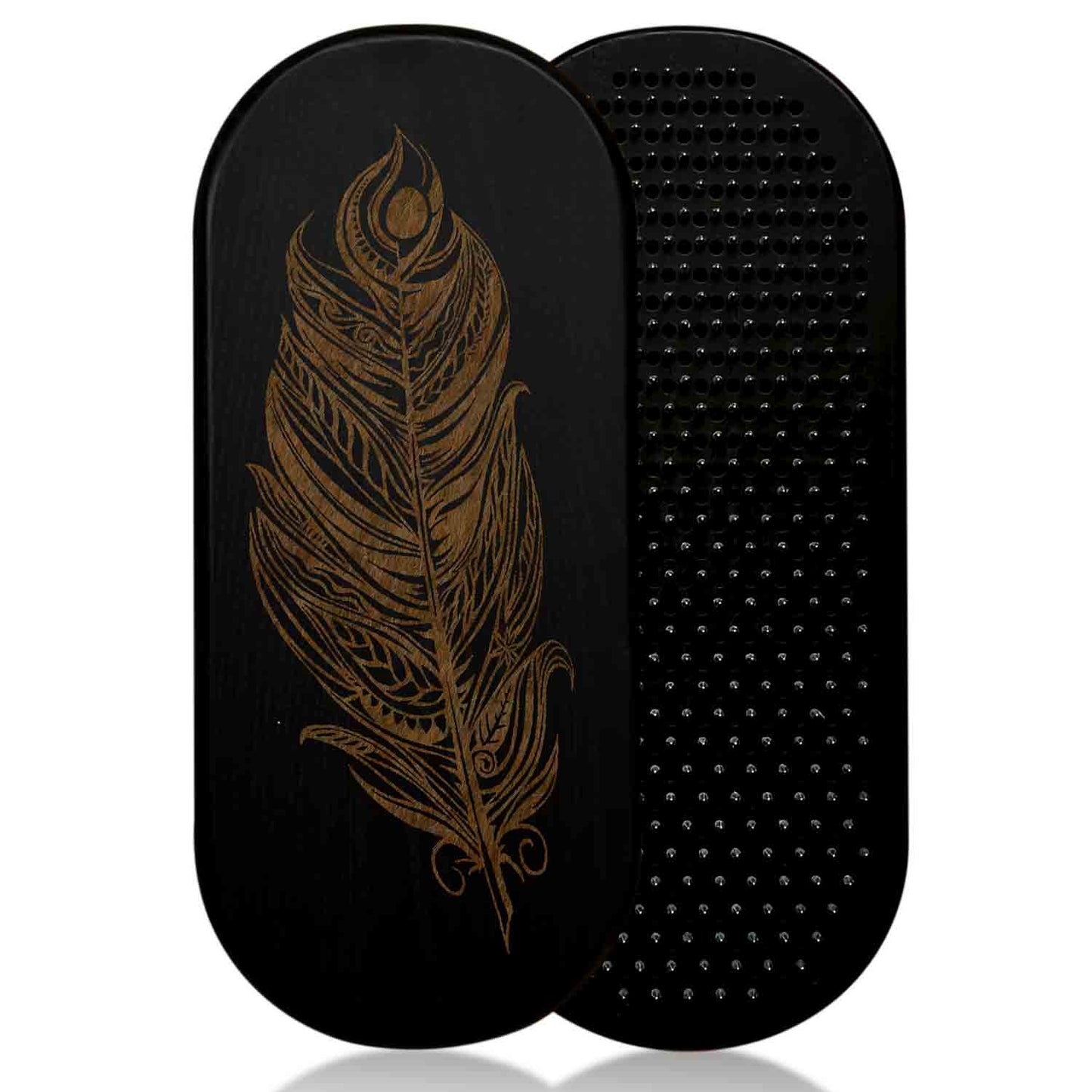 Black nail board for feet with feather design on a white background