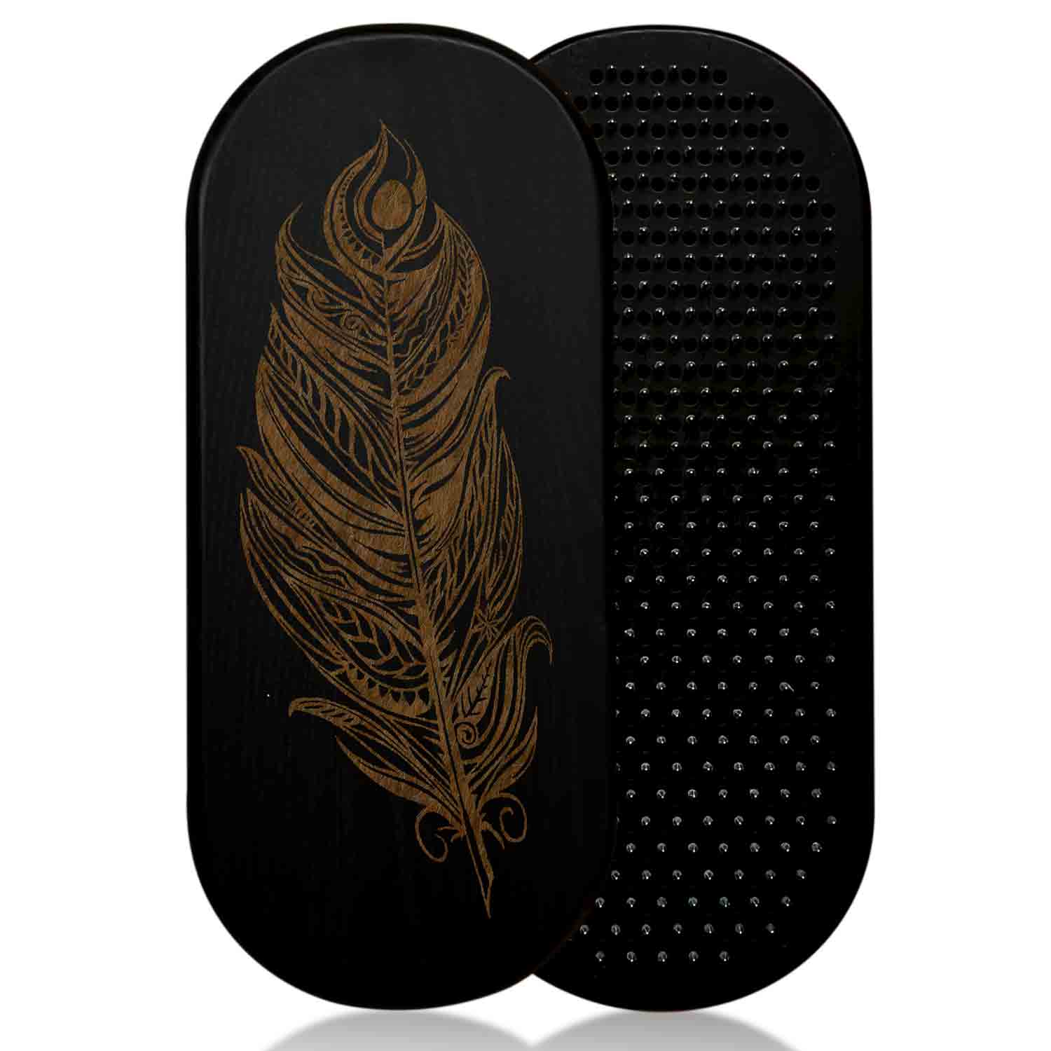 Black nail board for feet with feather design on a white background