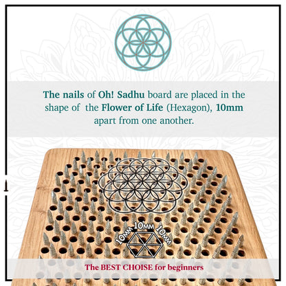 sadhu board with nails step 10mm in shape of flower of life on wooden board. perfect for beginners