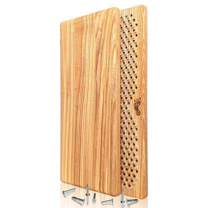 A pair of Sadhu boards made from natural ash wood. The front board features a design of multiple evenly spaced nails in a grid pattern for acupressure, with a small engraved footprint logo. The back board showcases the natural grain of the ash wood, highlighting its light, natural color and smooth texture. Several loose nails are scattered at the base of the sadhu boards.