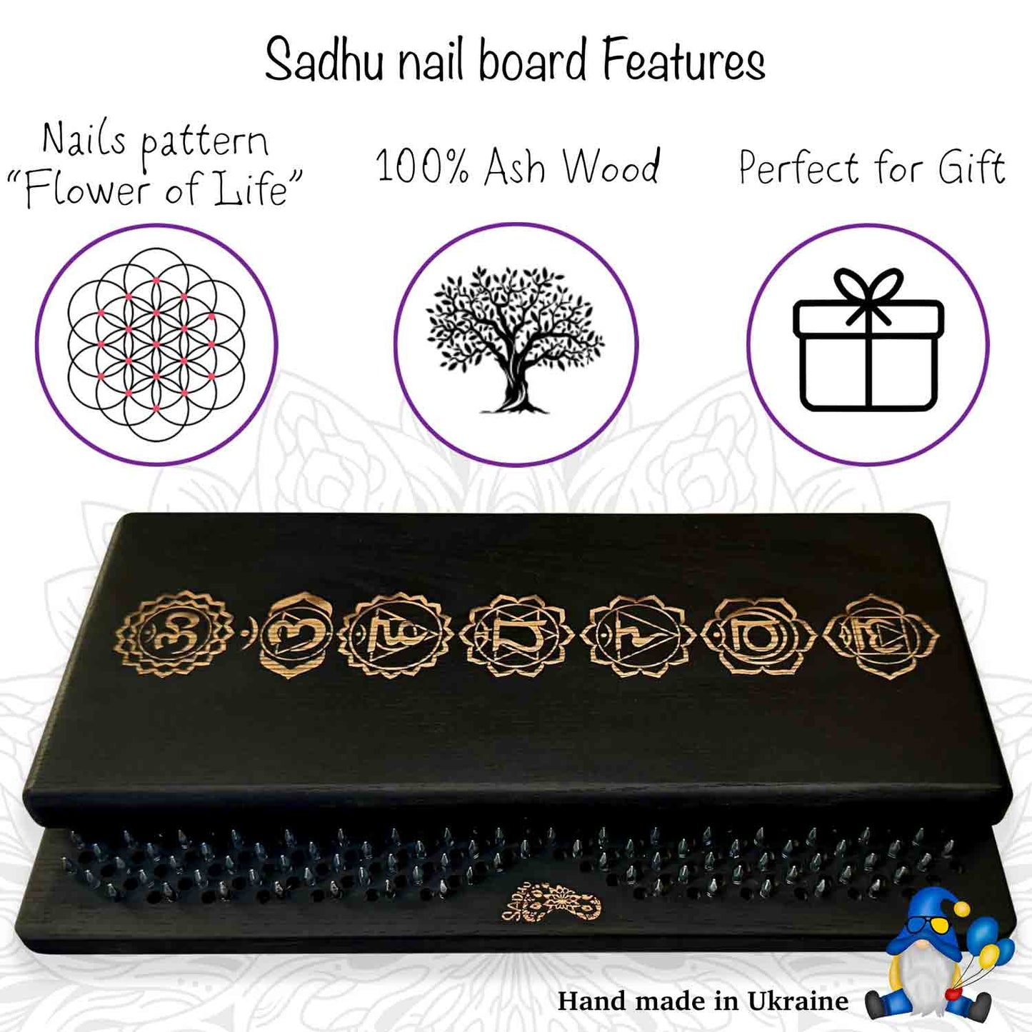 Black sadhu nail board features: flower of life nails pattern, ash wood, perfect for gift. hand made in Ukraine.