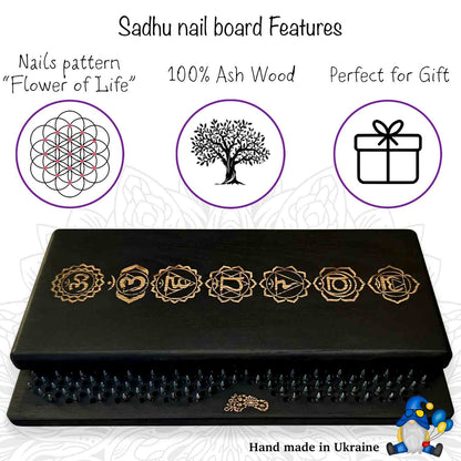 Black sadhu nail board features: flower of life nails pattern, ash wood, perfect for gift. hand made in Ukraine.