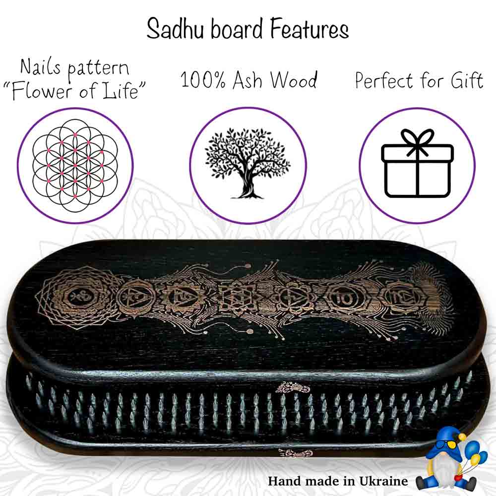 Sadhu board features: nails pattern in shape flower of life, natural ash wood, perfect for gift, hand made in Ukraine