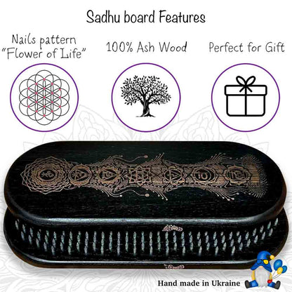 Sadhu board features: nails pattern in shape flower of life, natural ash wood, perfect for gift, hand made in Ukraine