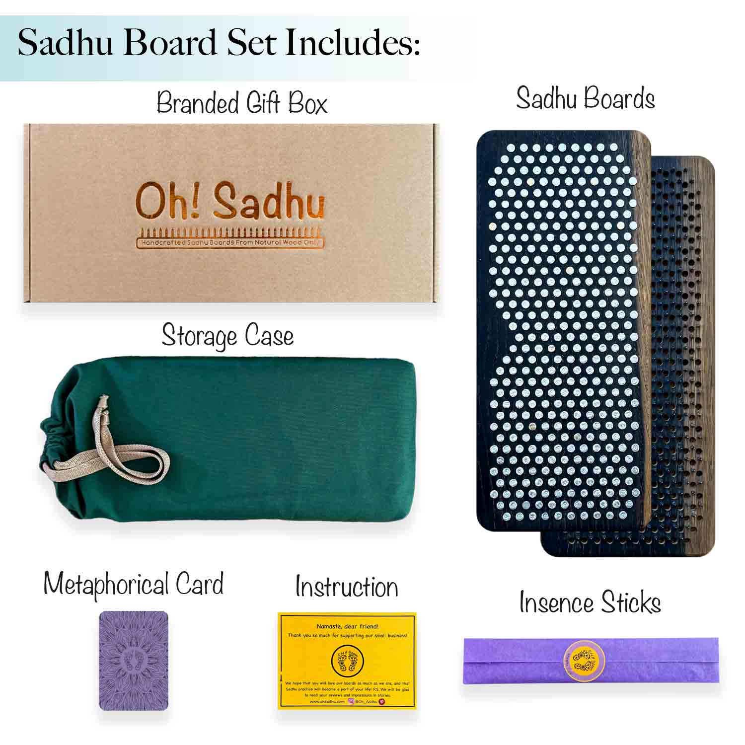 Collection of items included in a Sadhu Board Set with packaging and components displayed.