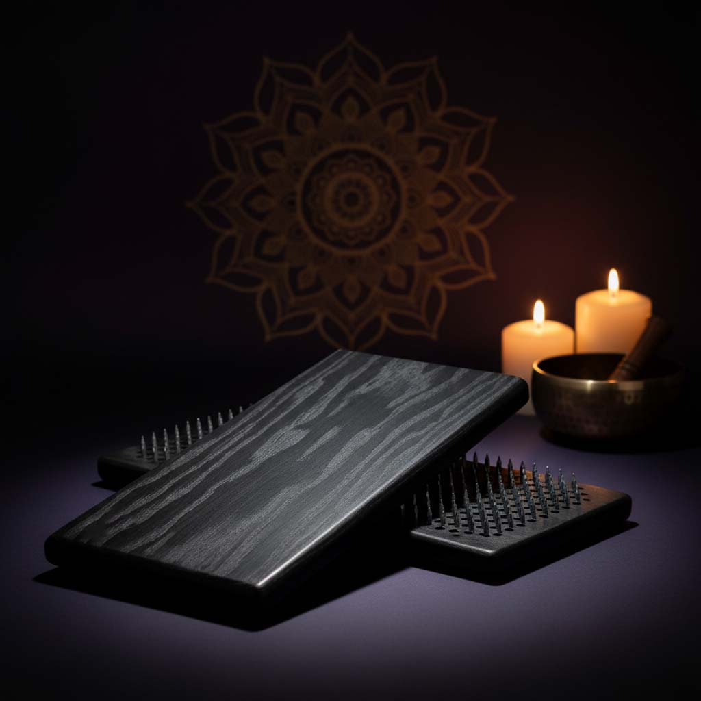 Black wood sadhu board nails on a dark surface with candles and decorative wall art in the background in yoga studio