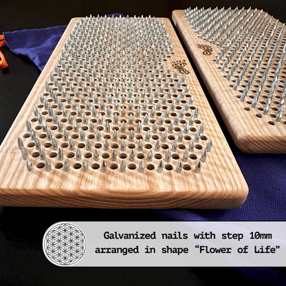 wooden sadhu boards with nails on black table and description about nails arrangement in shape of flower of life and step 10mm