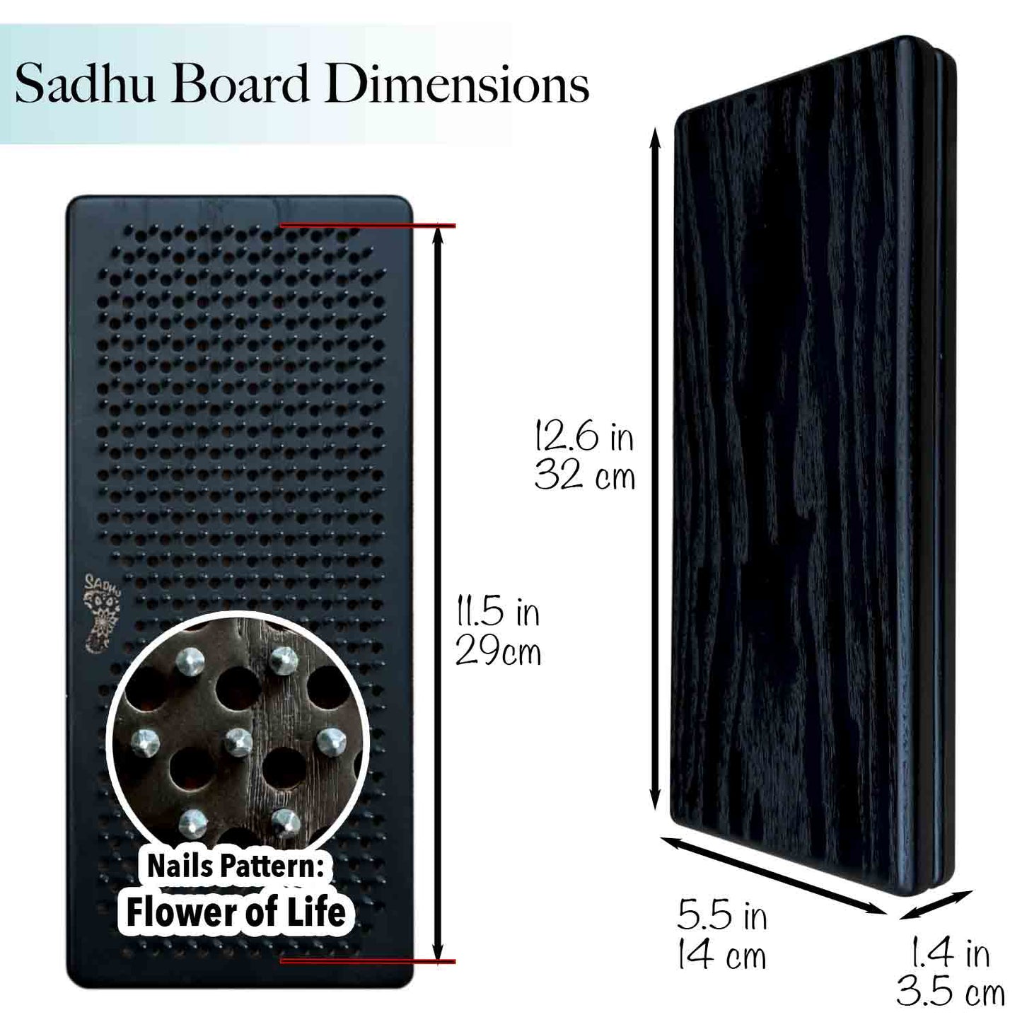 Dimensions of a Sadhu Board with nails pattern labeled 'Flower of Life'.