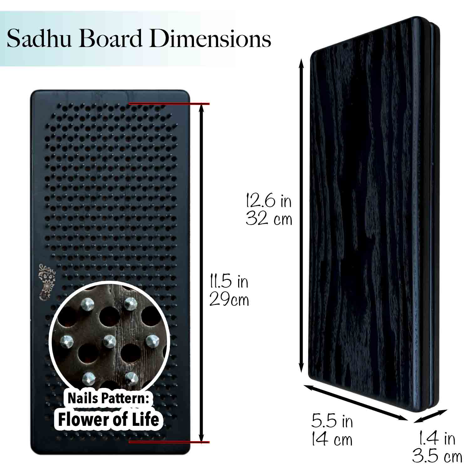 Dimensions of a Sadhu Board with nails pattern labeled 'Flower of Life'.