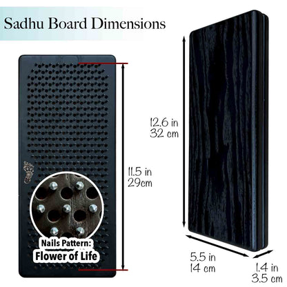 Dimensions of a Sadhu Board with nails pattern labeled 'Flower of Life'.