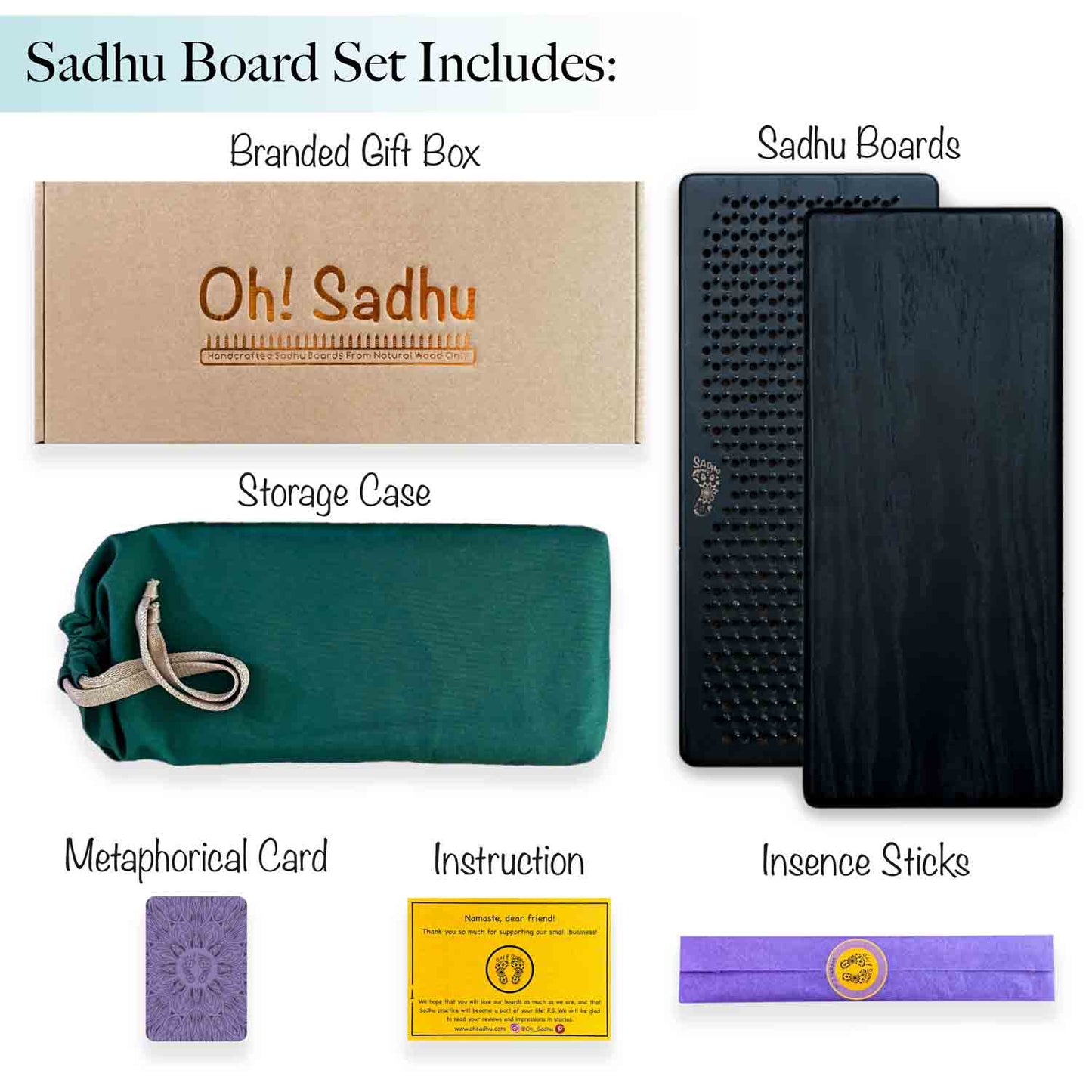 Collection of items included in a Sadhu Board Set with packaging and components displayed.