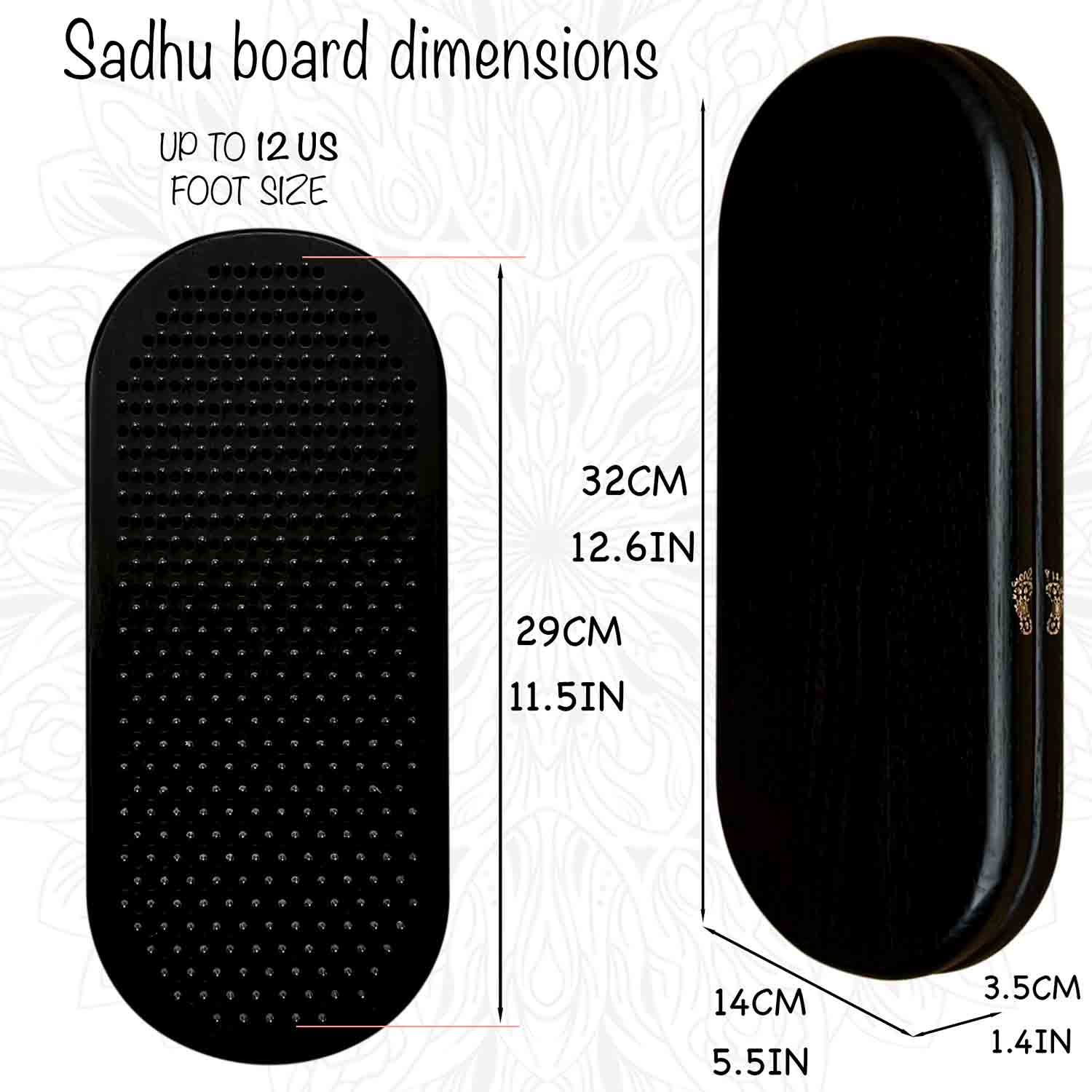 Measurement chart for a black Sadhu board with dimensions labeled