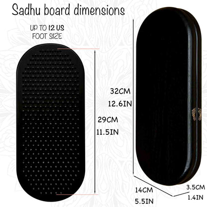 Measurement chart for a black Sadhu board with dimensions labeled