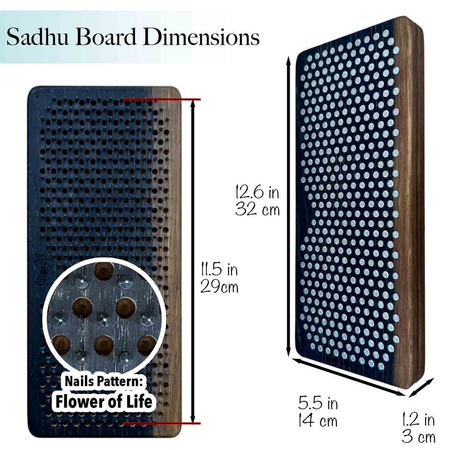 Dimensions and Flower of Life nail pattern of a Sadhu Board 10 mm.